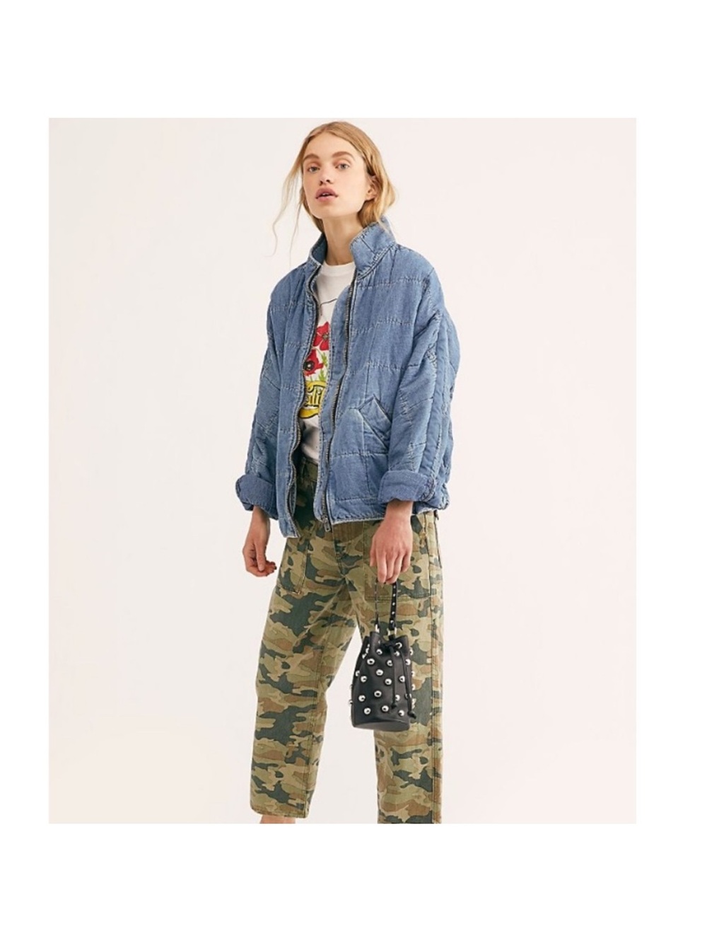 Free People Quilted Light Blue Bomber Jacket - Picture 3 of 11